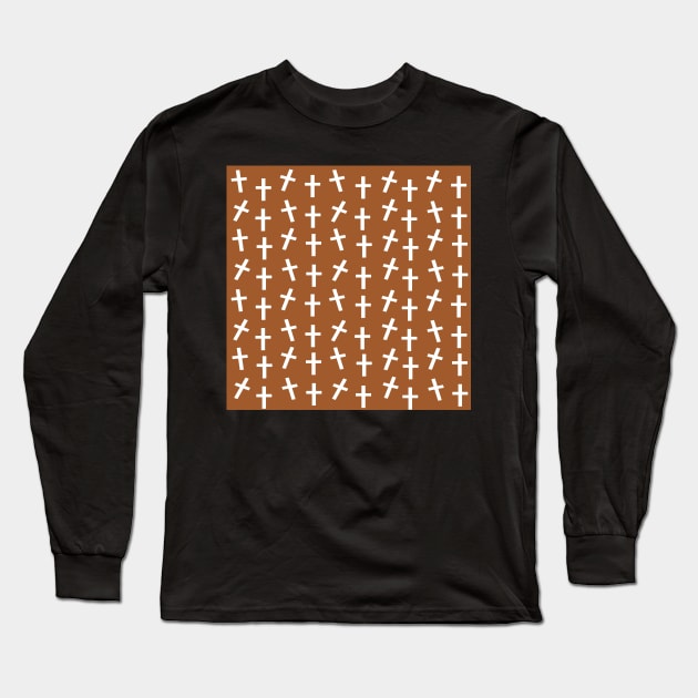 Christian cross Jesus brown Easter pattern Long Sleeve T-Shirt by Baobabprintstore